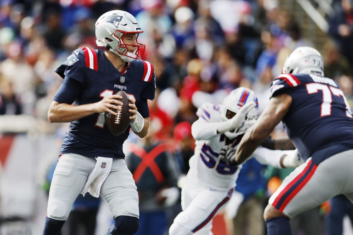 New England Patriots QB Mac Jones drops back to pass against the Buffalo Bills, 22 Oct 2023